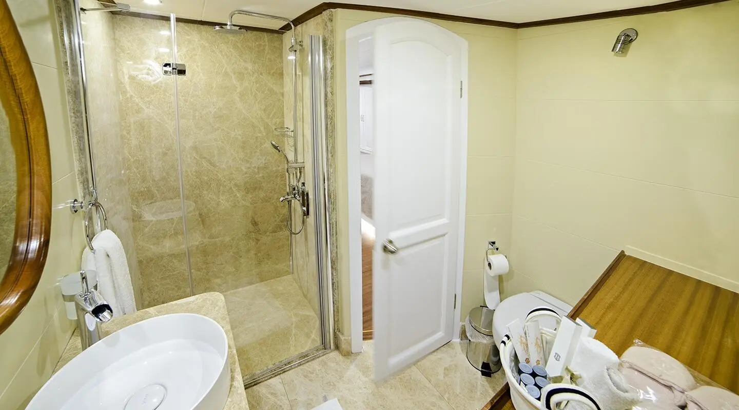 Interior view of a bathroom aboard a gulet with a glass shower and sink