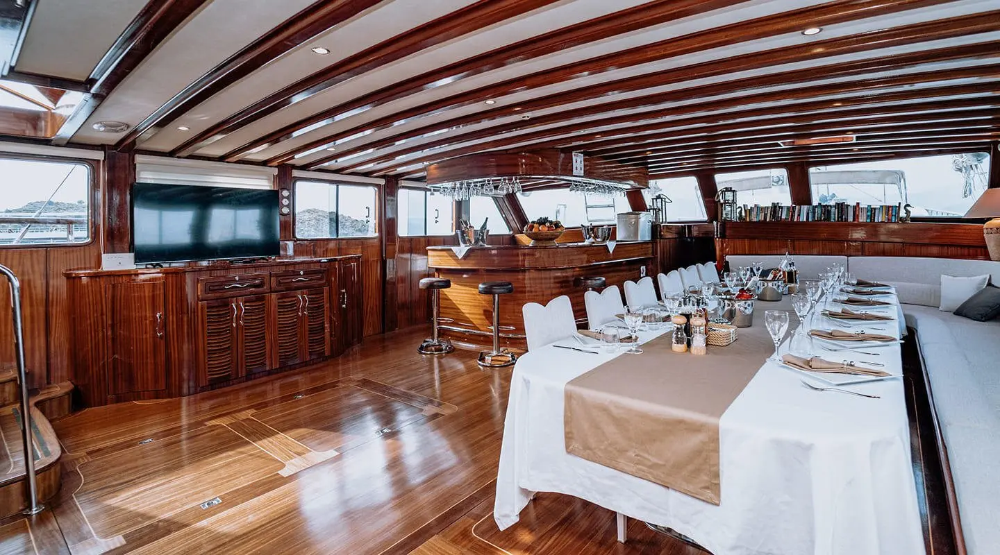 Gulet Lycian Queen saloon interior with wooden deck and seating