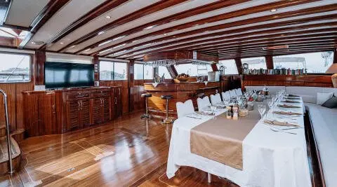 Gulet Lycian Queen saloon interior with wooden deck and seating