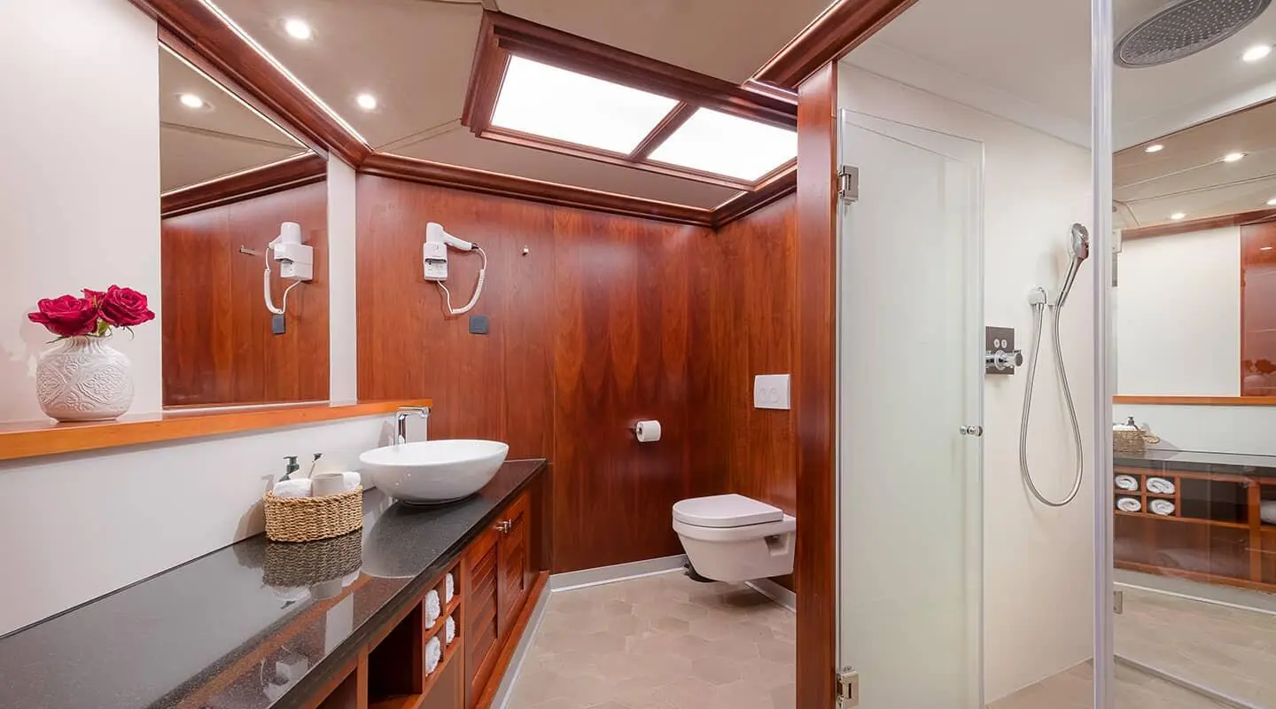 Interior yacht bathroom on Lady Gita with wooden panels, vanity, sink, and toilet