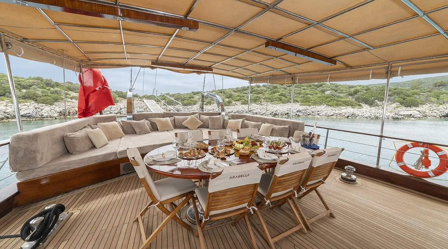 Arabella yacht charter: shaded outdoor dining area with wooden tables and chairs on deck