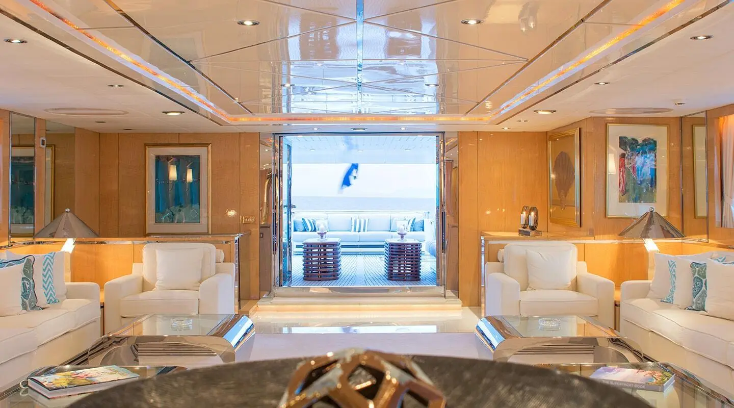 O'Natalina yacht interior salon with sea-view doorway and seating