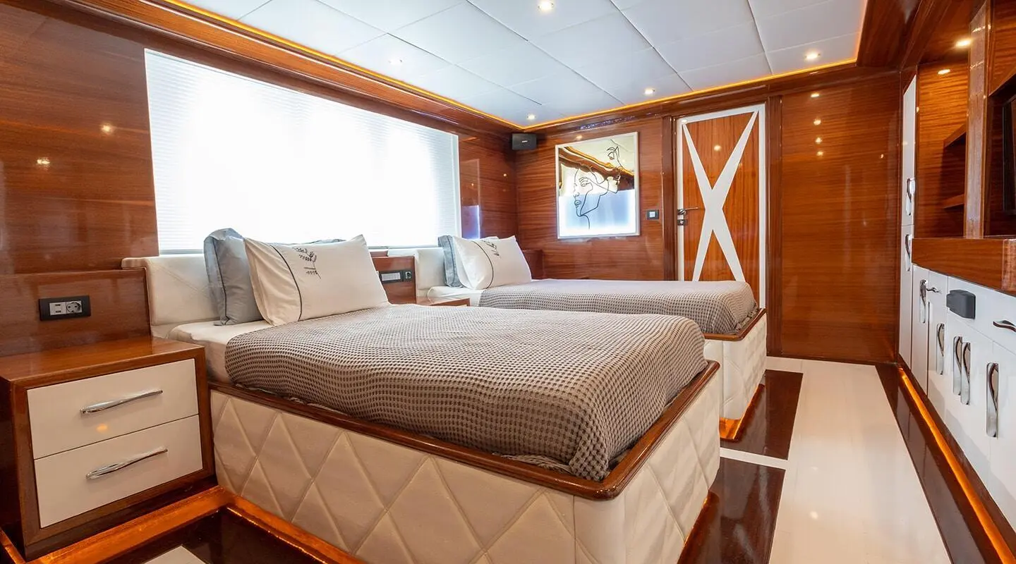 Interior of Long Island gulet with two bed cabins and wooden panels