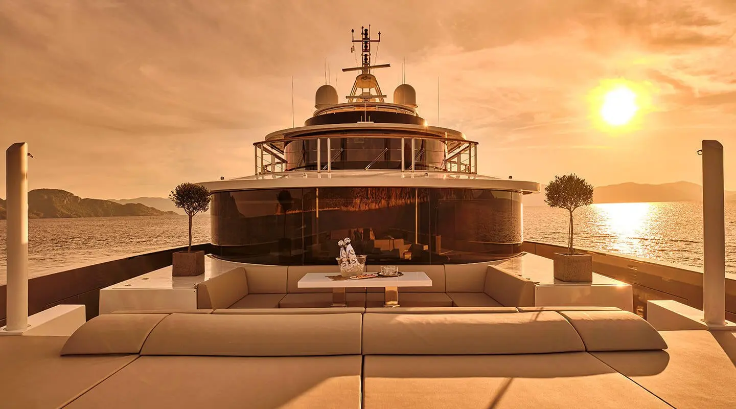 La Pellegrina 1 motor yacht at sunset, bow view with calm waters