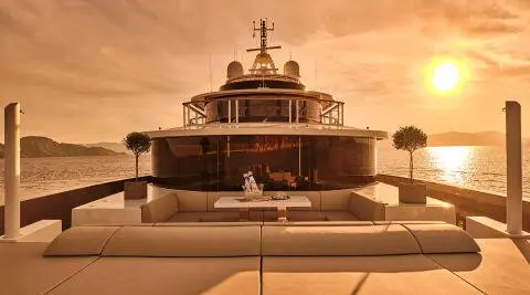 La Pellegrina 1 motor yacht at sunset, bow view with calm waters
