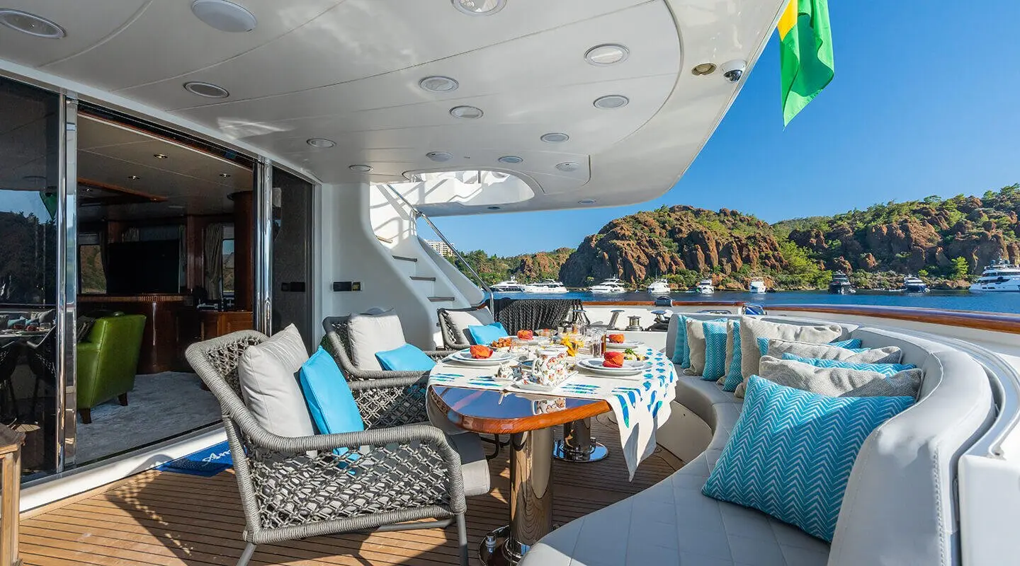 Amadea luxury yacht dining area on deck with seating, tables, and ocean view