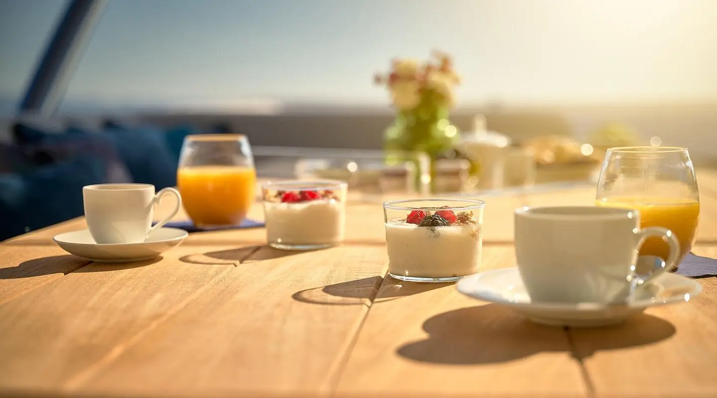 Sunlit deck with coffee cups, yogurt dessert, and juice glass