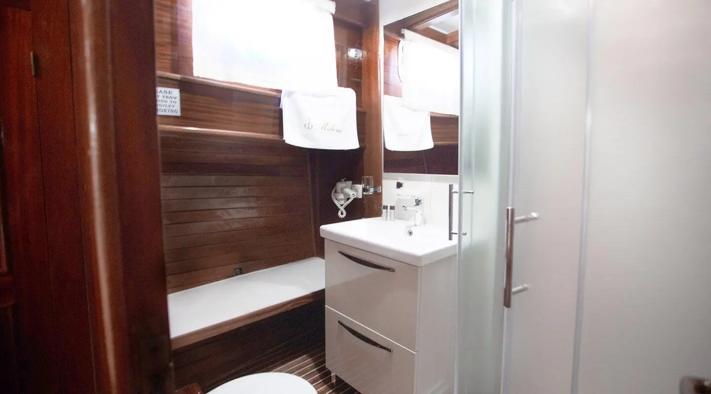 Wood-paneled bathroom with sink, tub, and towels visible