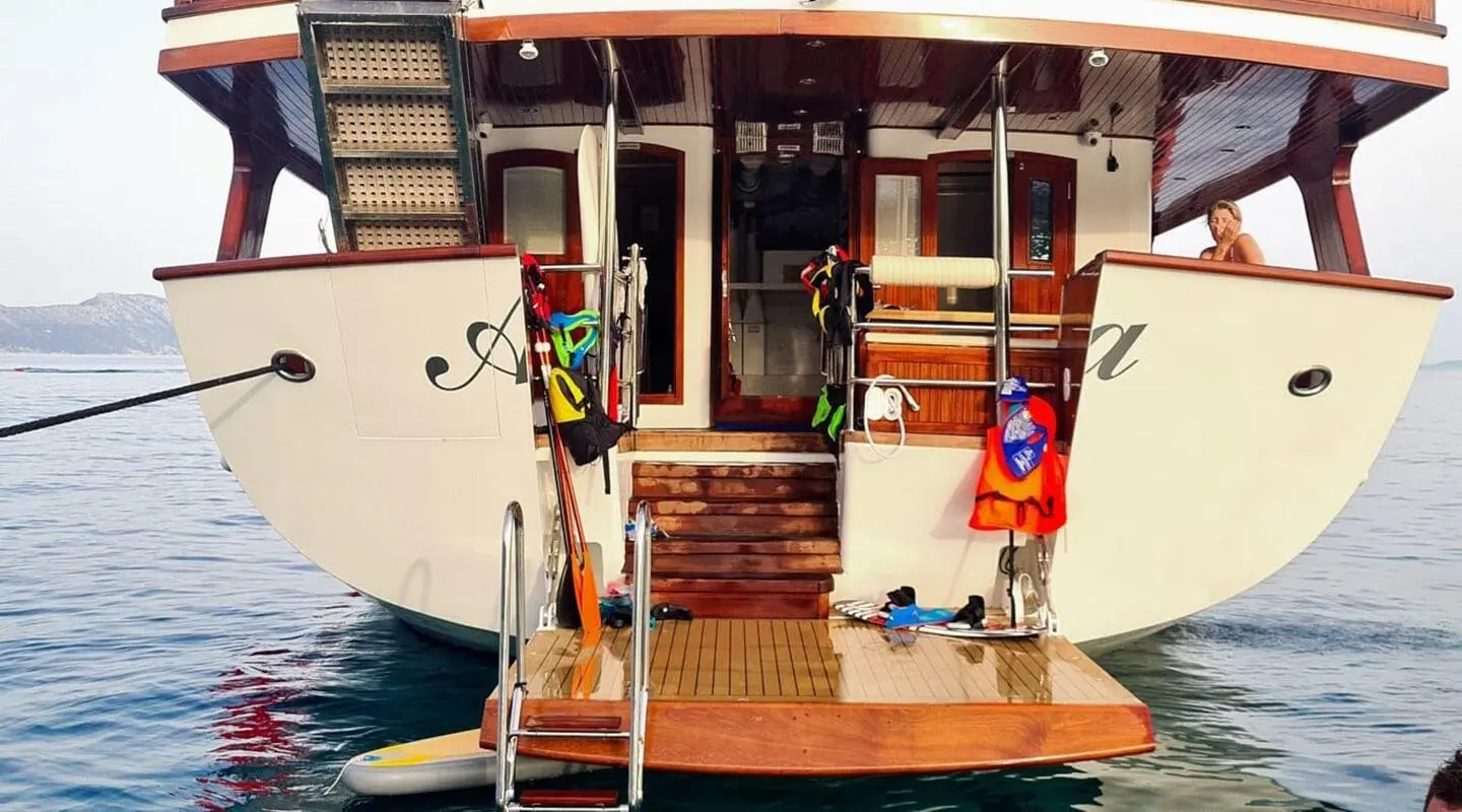 Top-down view of Amorena yacht stern with swim platform and people boarding