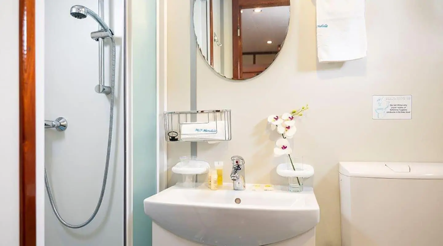 Mendula gulet bathroom interior with sink, mirror, and shower visible