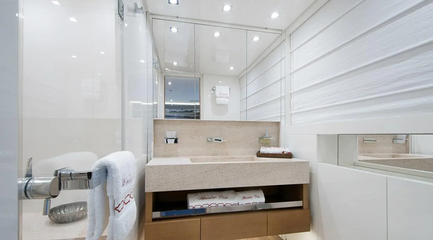 Morning Star yacht bathroom detail showing tiled walls, shower area, and built-in storage
