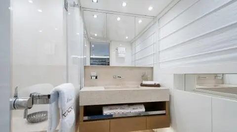 Morning Star yacht bathroom detail showing tiled walls, shower area, and built-in storage