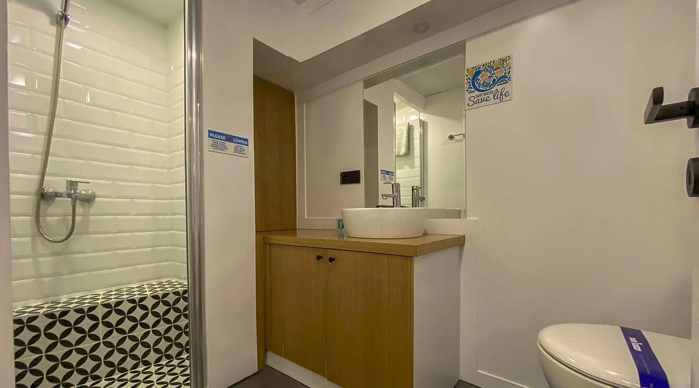 Bathroom with wooden vanity, sink and mirror