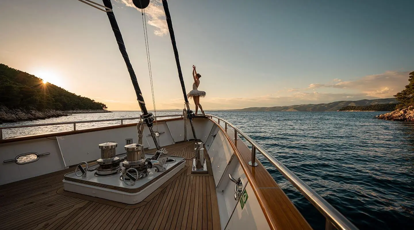 Sailboat deck of Dalmatino yacht at sea with railing and rigging
