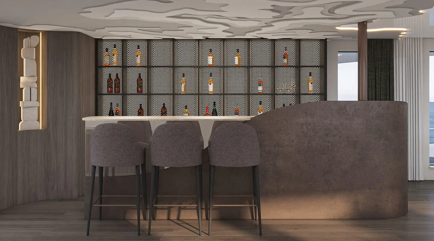 Bar area on Bello 54m: seated chairs at a stone counter and shelves behind