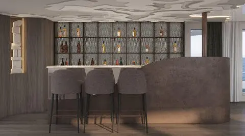 Bar area on Bello 54m: seated chairs at a stone counter and shelves behind