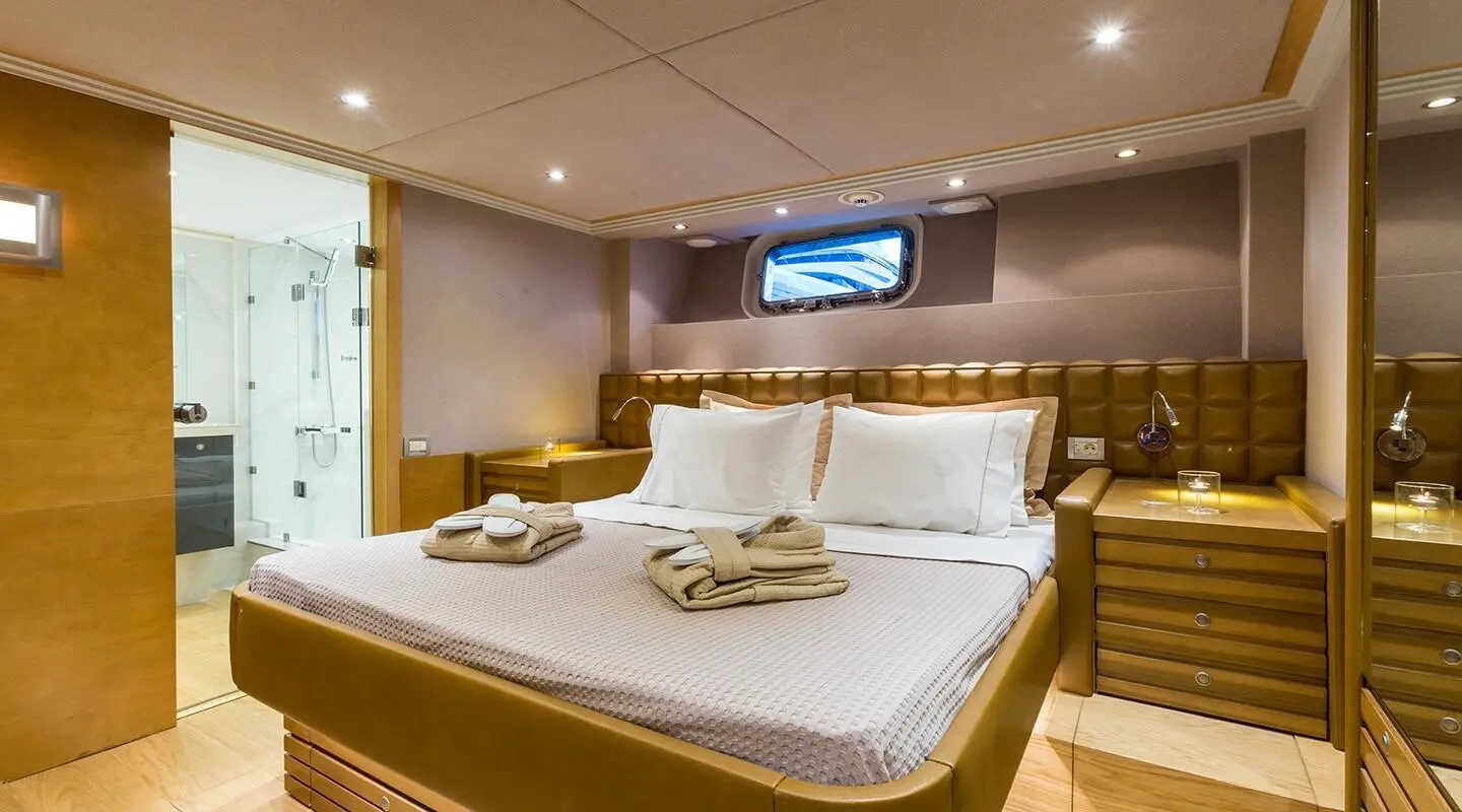 Aquarella yacht interior: luxurious VIP cabin with two neatly made beds