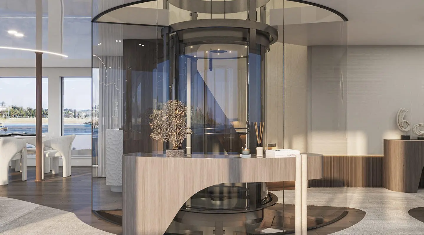 Yacht Bello interior elevator and staircase, metallic rails, marble accents