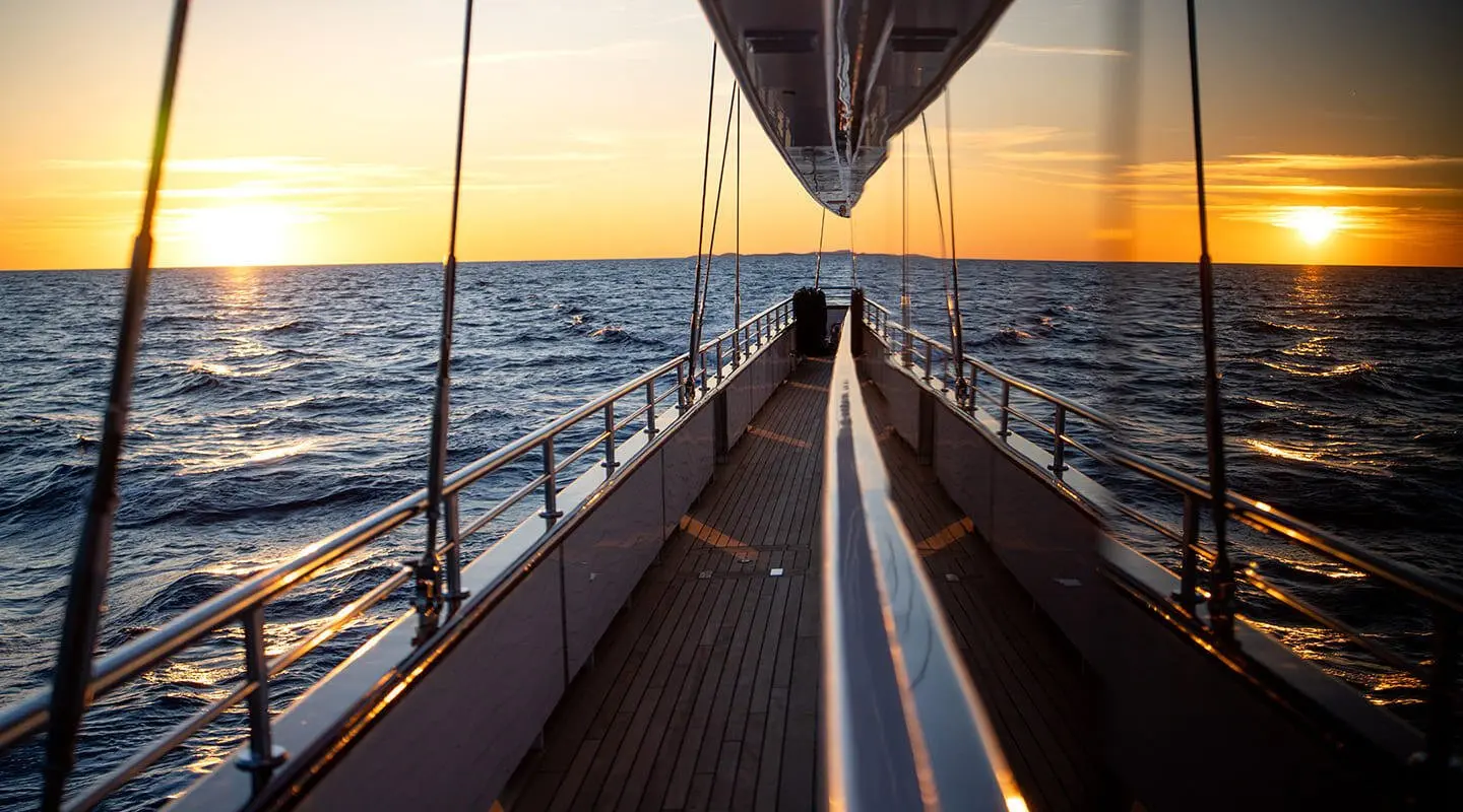 Nocturno yacht deck at sunset, forward walkway on calm open sea