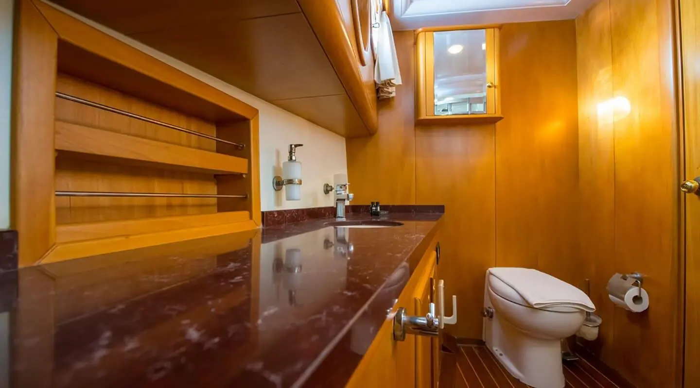 Interior of a yacht bathroom with wooden cabinets and marble countertop