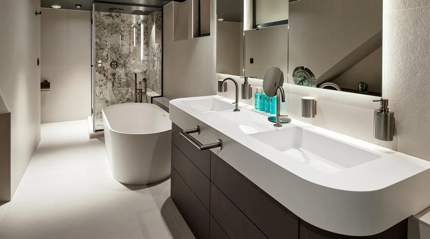Anetta luxury yacht interior view with modern sink, mirror, and basin.