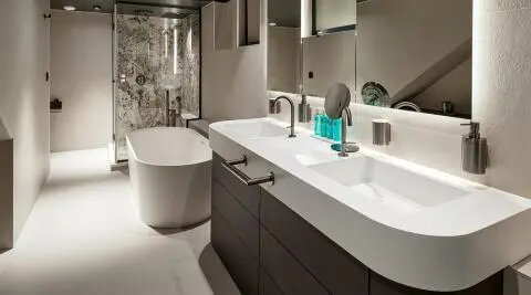 Anetta luxury yacht interior view with modern sink, mirror, and basin.