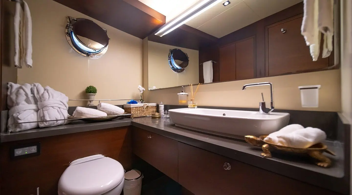 Cockpit bathroom aboard Double Eagle gulet, wooden cabinets and mirror