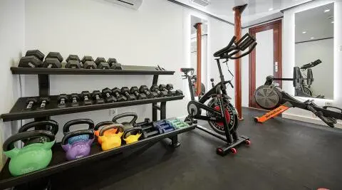 Lupus Mare yacht gym area with weights and exercise machine on deck