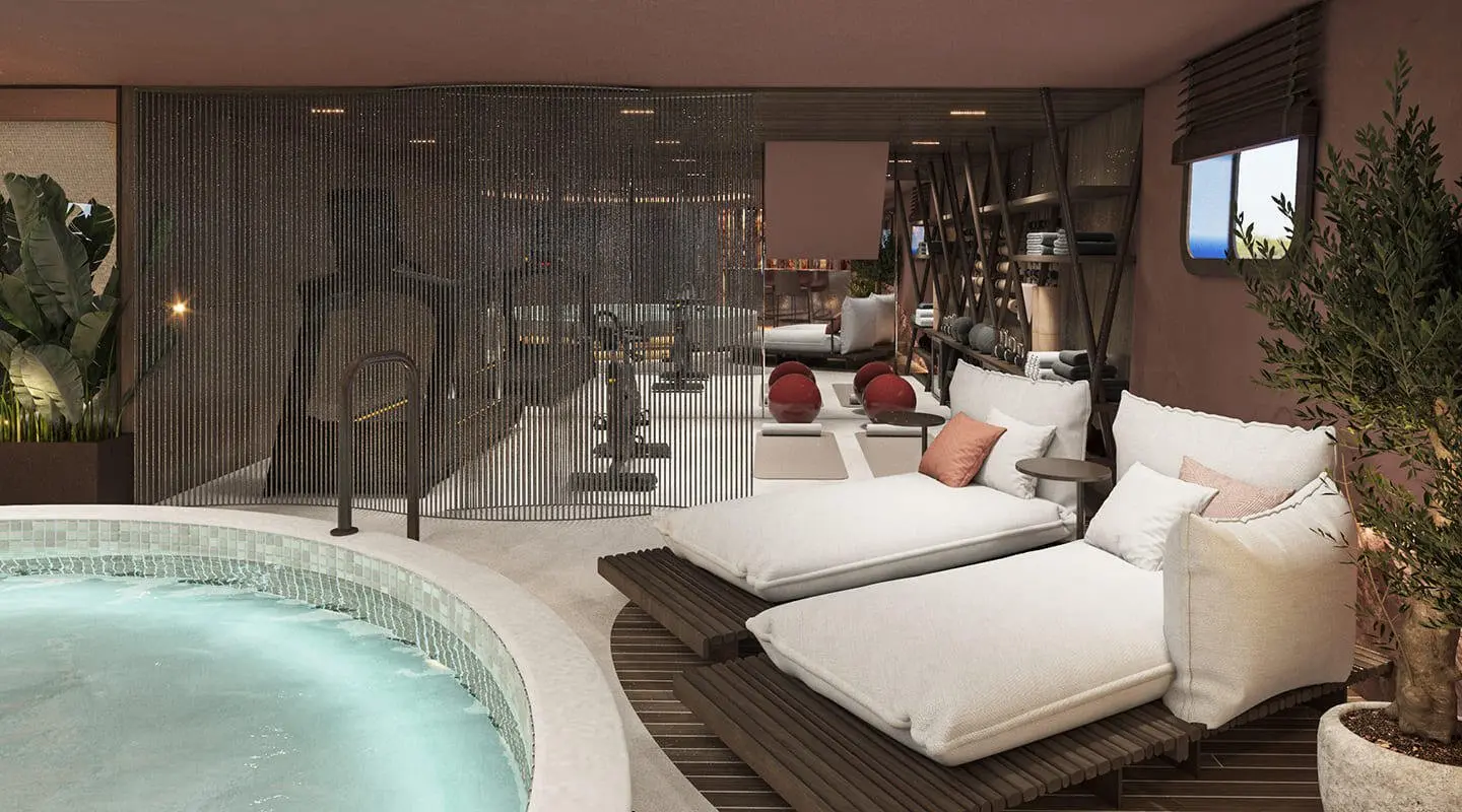 Yacht Bello exterior deck area with lounge chairs and pool, shaded by canopy