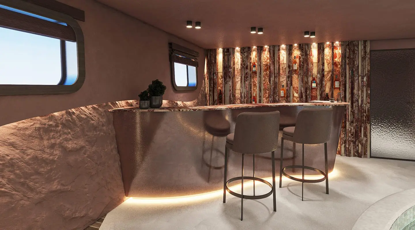 Luxurious interior with illuminated bar counter and stools