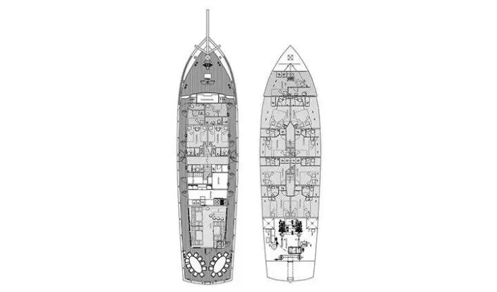Top-down view of Tajna Mora cabin layouts showing interior arrangement