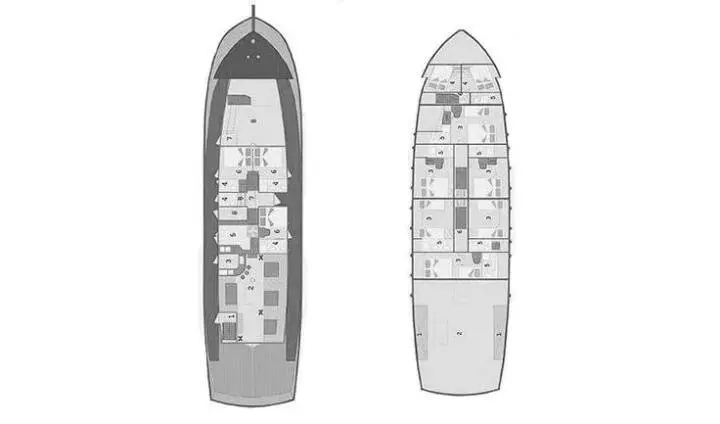 Top-down view of Cataleya yacht master cabin ensuite layout with bed and ensuite
