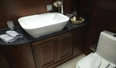 Cabin with a pedestal sink, dark wood cabinets and toilet