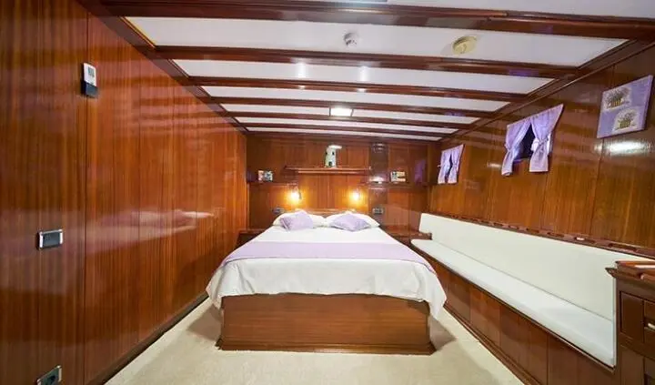 Master cabin with king bed, wood paneling, and built-in nightstands