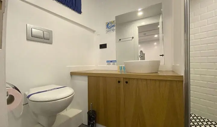 Maske 5 cabin bathroom vanity with mirror, sink, and toilet visible