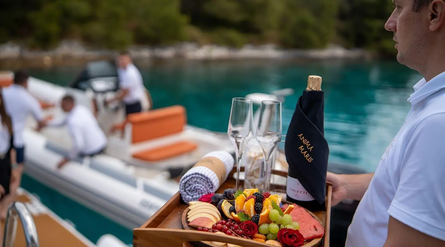 Yacht Anima Maris in turquoise water with fruit platters on a table foreground