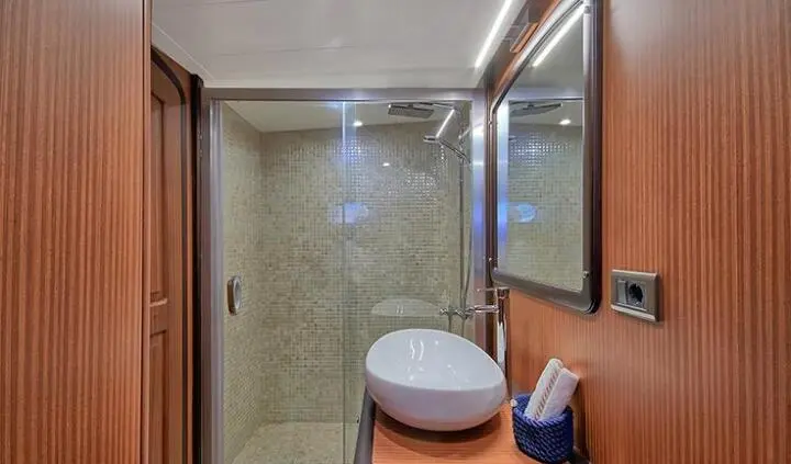 Yacht Queen Of Salmakis cabin ensuite bathroom with toilet and sink