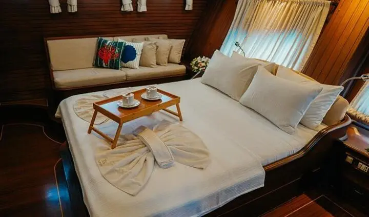 A cabin with a large bed, wooden accents, and two throw pillows on a yacht