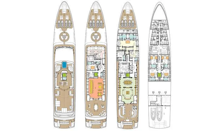 Master cabin with king bed, en-suite, on Apogee yacht, elegant wood tones