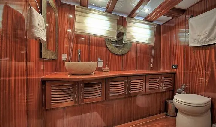Lycian Queen master cabin with king bed, wooden paneling, and ensuite bathroom visible