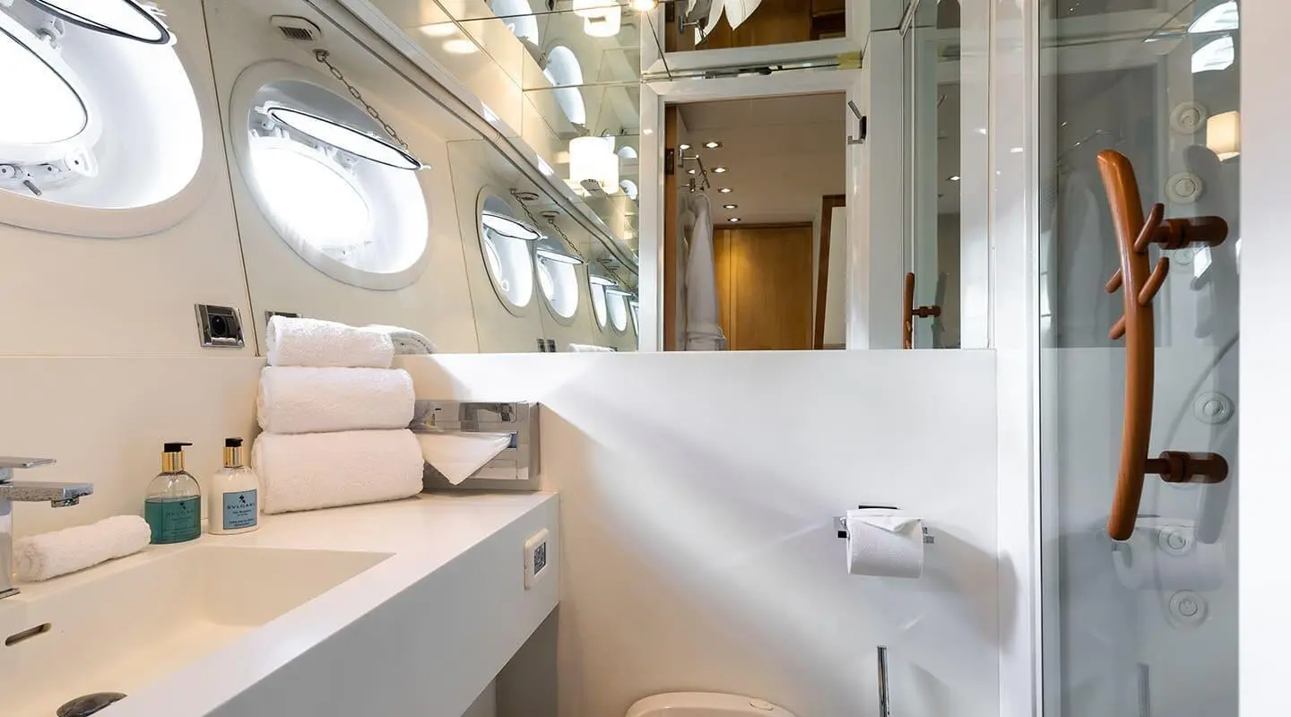 Interior of luxury motor yacht Brooklyn, spacious seating area and fixtures