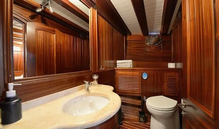 Zephyria II cabin ensuite with sink, wooden cabinetry, and toilet