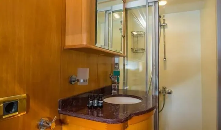 Master cabin with king bed, wooden cabinetry, and ensuite bathroom features