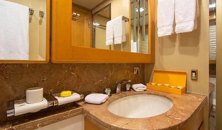 Master cabin with king bed, ensuite sink, mirror, and wooden cabinetry