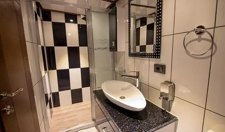 Guest cabin ensuite bathroom with checkered wall, modern sink, mirror