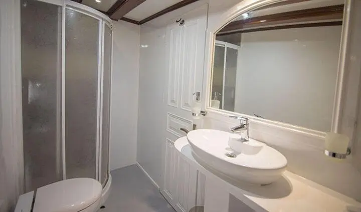 Grande Mare master cabin ensuite bath with sink, mirror, and shower