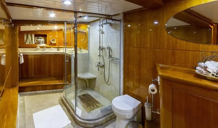 Silver Moon cabin interior with glass shower, polished wood, and modern amenities