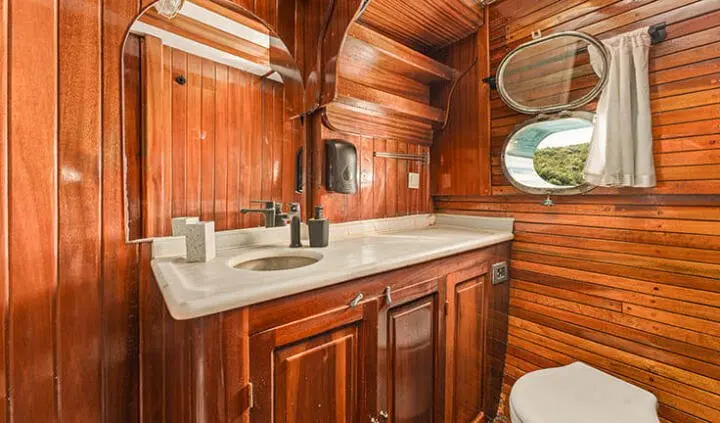 Wood panel cabin vanity with sink, mirror, and storage cabinets