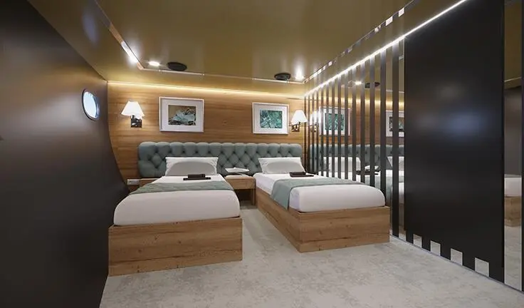 Santa Clara yacht cabin with two single beds, wooden headboards, and ensuite bathroom visible