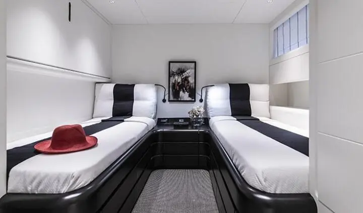 Twin cabin berths with ensuite on Project Steel yacht, overhead cabins